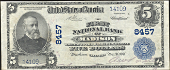 1902 $5.00. Madison, IL Charter# 8457 Blue Seal. VF.