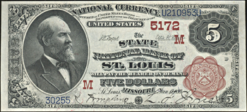 1882 $5.00. St. Louis, MO Charter# 5172 Brown Back. CHCU.