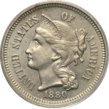 Thirteen three-cent nickels.