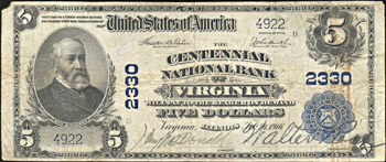 1902 $5.00. Virginia, IL Charter# 2330 Blue Seal. F.