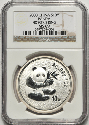 China - Two 2000 1oz silver Panda coins (frosted ring), 10 Yuan,  NGC MS-69.