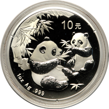 China - Two 1998 large date 1oz silver Panda coins, 10 Yuan, plus four other 1oz silver Panda dates.