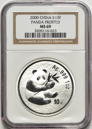 China - Two 2000 1oz silver Panda, frosted, 10 Yuan, NGC MS-69.