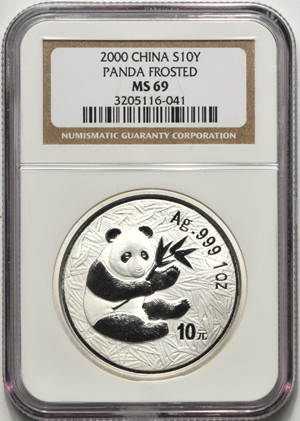China - Three 2000 1oz silver Panda, frosted, 10 Yuan, NGC MS-69.