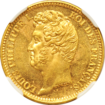 France - 1831A gold 20 Francs, raised letters, NGC MS-63.