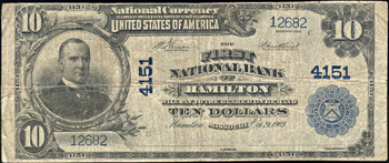 1902 $10.00. Hamilton, MO Charter# 4151 Blue Seal. VG.