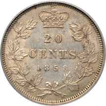 Canada - 1858 twenty-cent Victoria PCGS AU-55.
