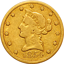 1854-O Large Date VG, plus an 1847 half-eagle F.