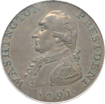 1791 Washington Large Eagle, date on obverse, PCGS MS-63BN (green label).