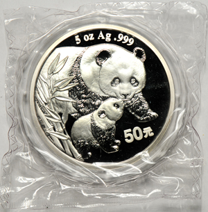 China - 2004 5oz silver Panda, 50 Yuan, double sealed.