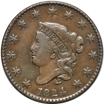 Seventeen consecutive large-cents dated 1824 through 1840.