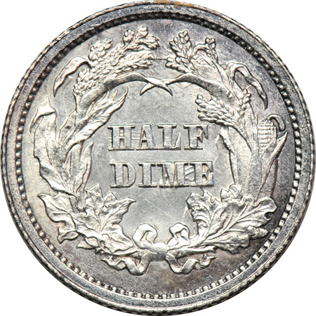 1857-O Seated half-dime AU, 1862 Seated half-dime MS-60, and an 1834 Bust dime XF.