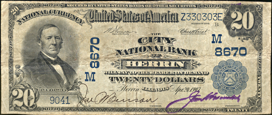 1902 $20.00. Herrin, IL Charter# 8670 Blue Seal. F.