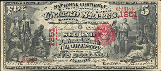 1875 $5.00. Charleston, IL Charter# 1851 Scallops. VF.