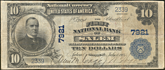 1902 $10.00. Salem, MO Charter# 7921 Blue Seal. F.