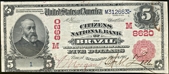 1902 $5.00 Serial number 1. Brazil, IN Charter# 8620 Red Seal. VF.