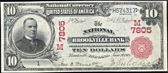 1902 $10.00 Serial number 1. Brookville, IN Charter# 7805 Red Seal. AU.