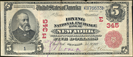 1902 $5.00 Serial number 1. New York, NY Charter# 345 Red Seal. VF.