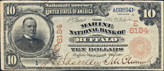 1902 $10.00 Serial number 1. Buffalo, New York Charter# 6184 Red Seal. PCGS VF-25/edge splits and tears/overprint faded.