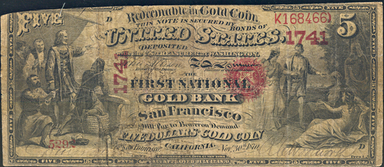 1870 $5.00. San Francisco, CA Charter# 1741 PCGS F-15/edge trimmed into design.