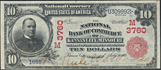 1902 $10.00. Kansas City, MO Charter# 3760 Red Seal. PMG CHCU-63 EPQ.