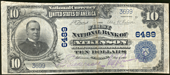 1902 $10.00. Atkinson, NE Charter# 6489 Blue Seal. VF.