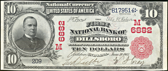 1902 $10.00. Dillsboro, IN Charter# 6882. Red Seal. AU.