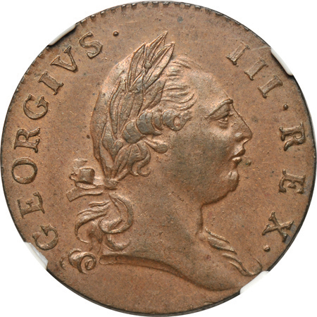 1773 1/2P PERIOD AFTER GEORGIVS. NGC MS-63 BN.