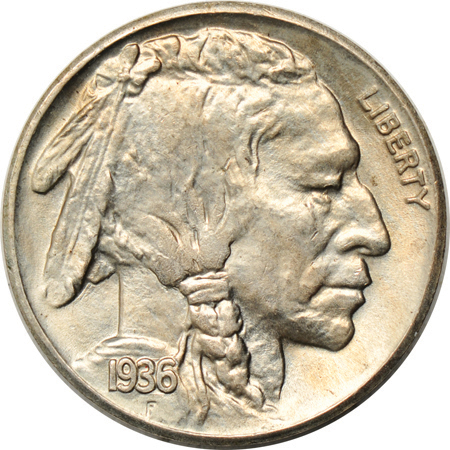 Sixteen uncirculated 1936-S Buffalo nickels.