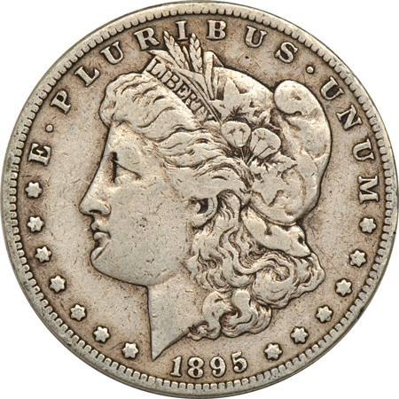 Four 1895-S Morgan dollars.