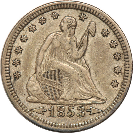 Five Seated Liberty quarters.