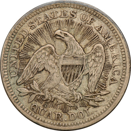 Five Seated Liberty quarters.