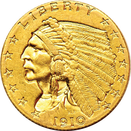 Five 1910 Indian quarter-eagles, all AU.