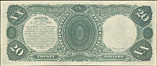 1880 $20.00.  Large Seal Blue Numbers. XF.