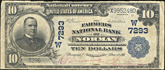 1902 $10.00. Norman, OK Charter# 7293 Blue Seal. F.