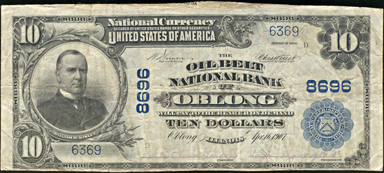 1902 $10.00. Oblong, IL Charter# 8696 Blue Seal. VF.