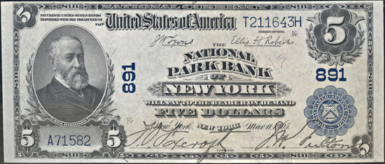 1902 $5.00. New York, NY Charter# 891 Blue Seal. PCGS AU.