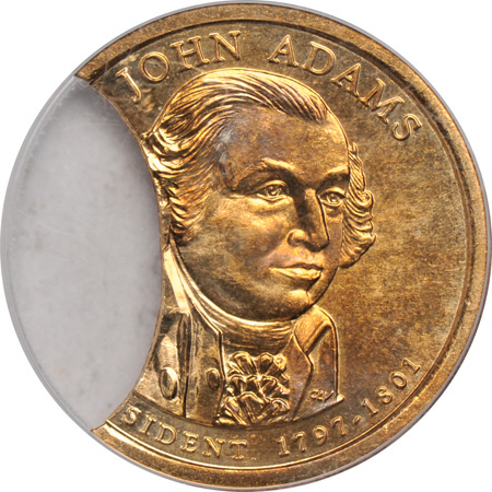 Dual Error. 2007 John Adams Presidential dollar with 32% clip and missing edge lettering. PCGS MS-62.