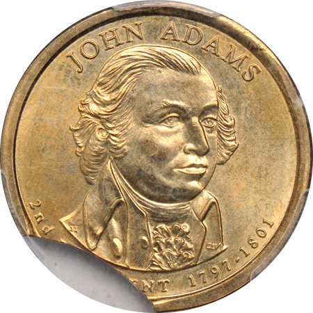 Dual Error. 2007 John Adams Presidential dollar with 11% clip and missing edge lettering. PCGS MS-66.