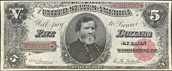 1890 $5.00.  XF.