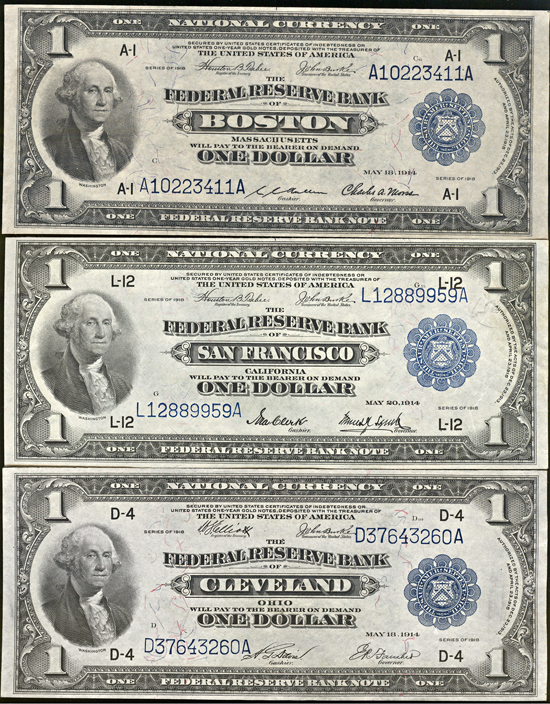 Three 1918 $1.00 (Boston, Cleveland, San Francisco).  XF/AU.