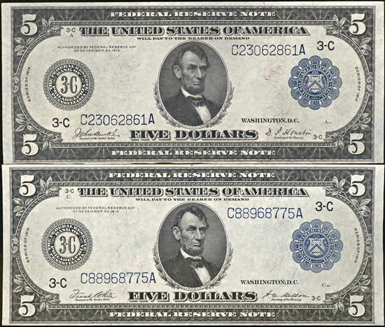 Four 1914 $5.00 Philadelphia Blue Seal. AU.