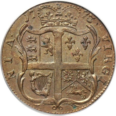 1773 PERIOD AFTER GEORGIVS. PCGS MS-63RB (green label).