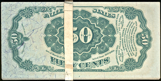 Fractional Bundle with original band consisting of 20 Fifth Issue 50-cent notes.