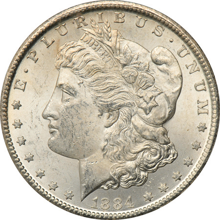 Eighteen 1884-CC Morgan dollars.