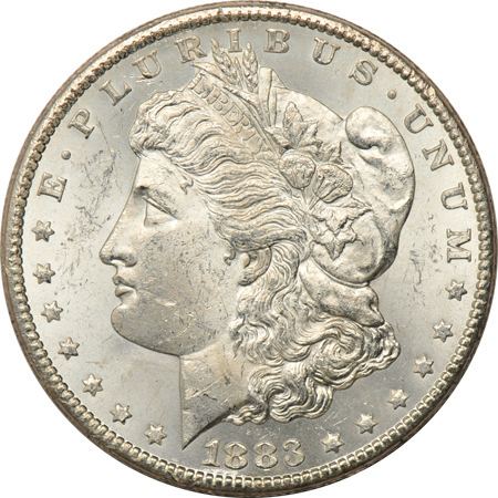 Eighteen 1883-CC Morgan dollars.