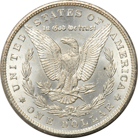 Eighteen 1883-CC Morgan dollars.