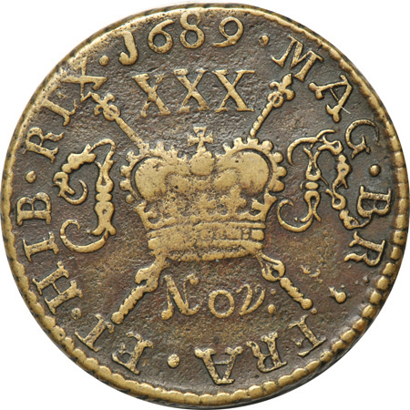 Ireland - 1689 Brass 1/2 crown Gun Money. XF.