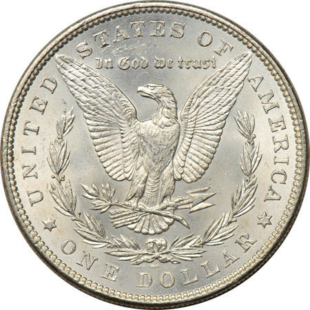 Twenty 1886 Morgan dollars.