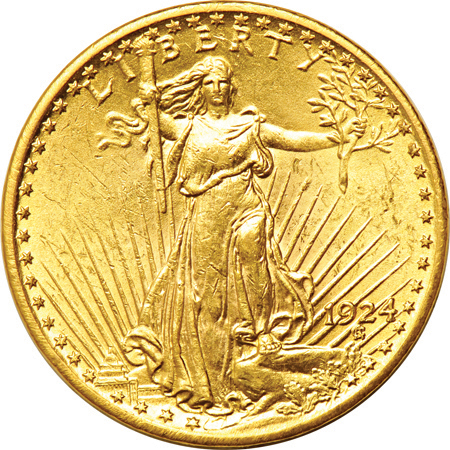 Five double-eagles.  Three Liberty and two Saint-Gaudens.